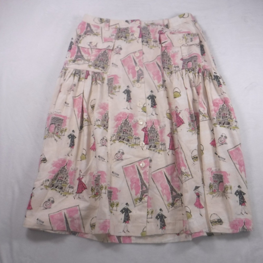 Vintage Paris Novelty Print Button Front Midi Skirt Pink White Eiffel Tower - Picture 4 of 11